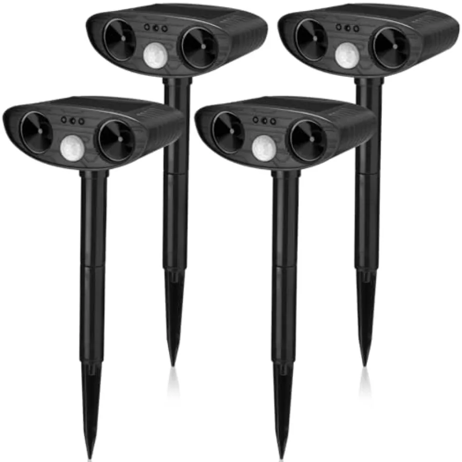 

Outdoor solar ultrasonic animal repellent for yard and garden use; ABS plastic; black; motion detection, waterproof, deters dee