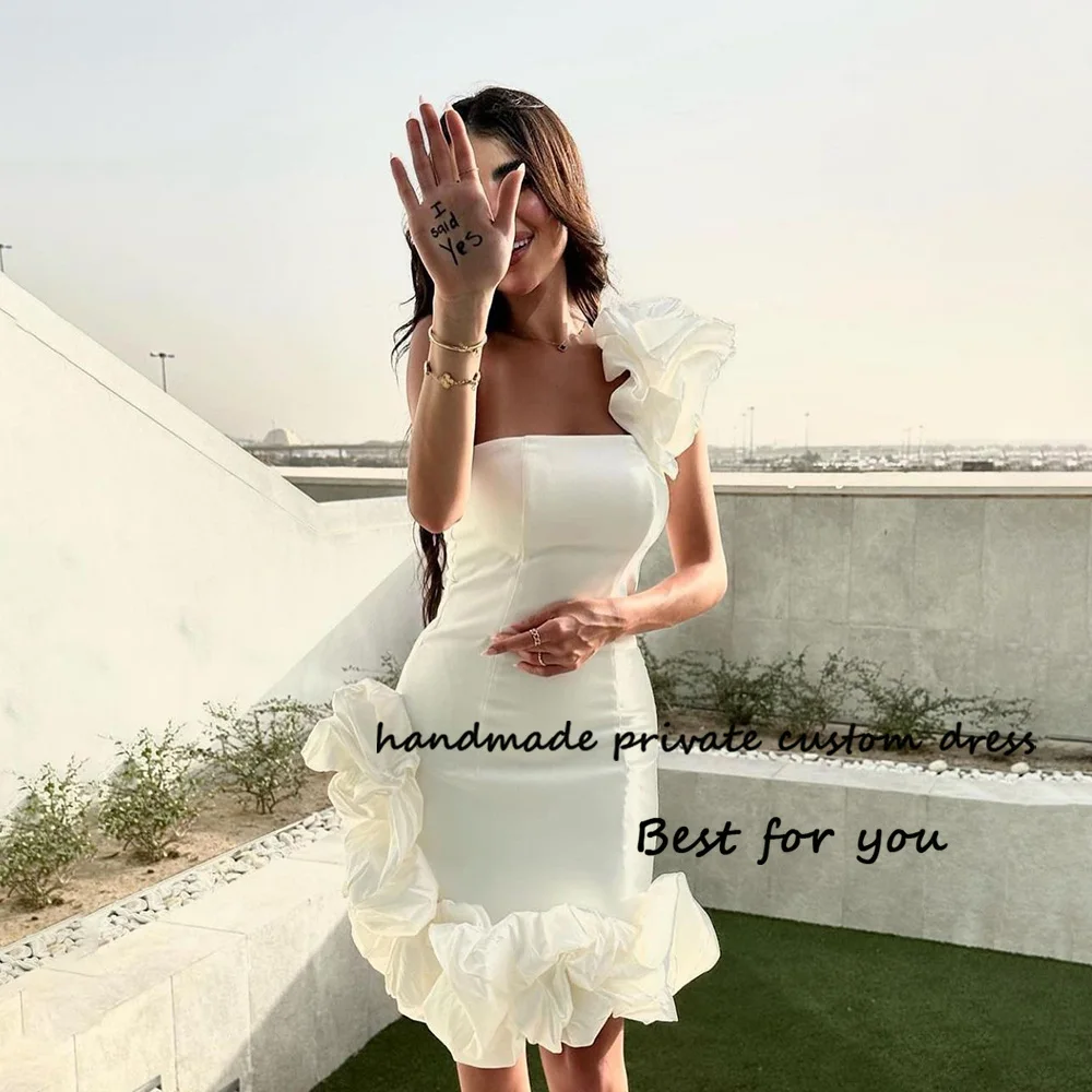 

White One Shoulder Short Wedding Party Dresses Pleats Ruched Satin Mini Bride Dress Simple Civil Wedding Bridesmaid Gowns