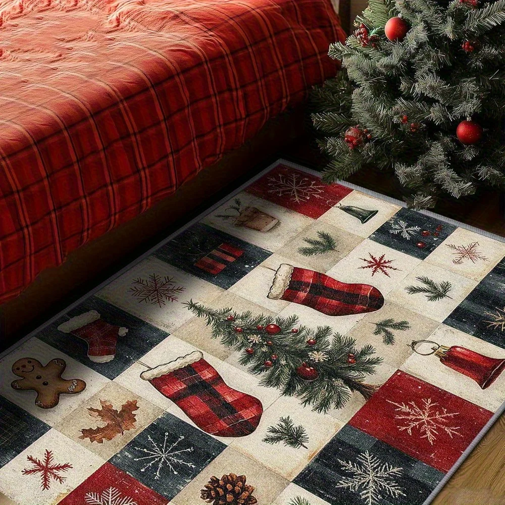 2D Flat Christmas Patchwork Area Rug, Vintage Plaid Sock Gingerbread Snowflake Print, Floor Decor for Living Room Bedroom