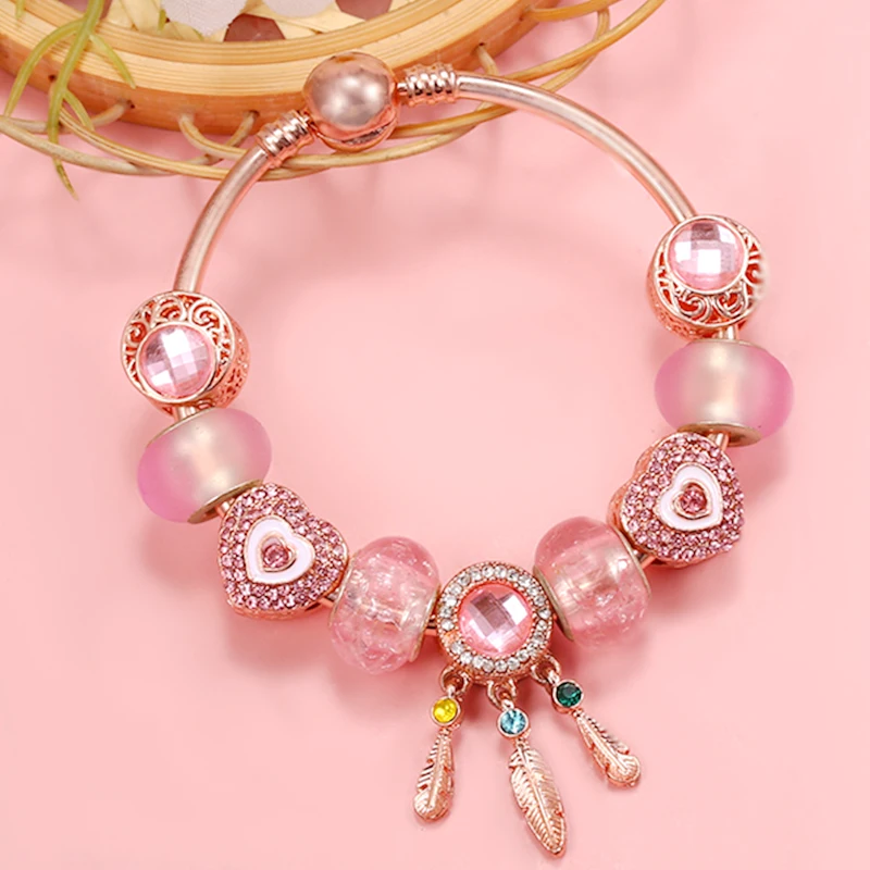 Pink Dream Catcher & Interlocking Heart Bead With Pendant Fit DIY Fashion Brand Charm Bracelet For Women & Kids Jewelry Gift New