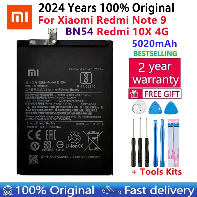 

100% Original XIAOMI BN54 Replacement Battery for Xiaomi Redmi Note 9 Redmi 10X 4G Authentic Phone Batteries 5020mAh+Free Tools