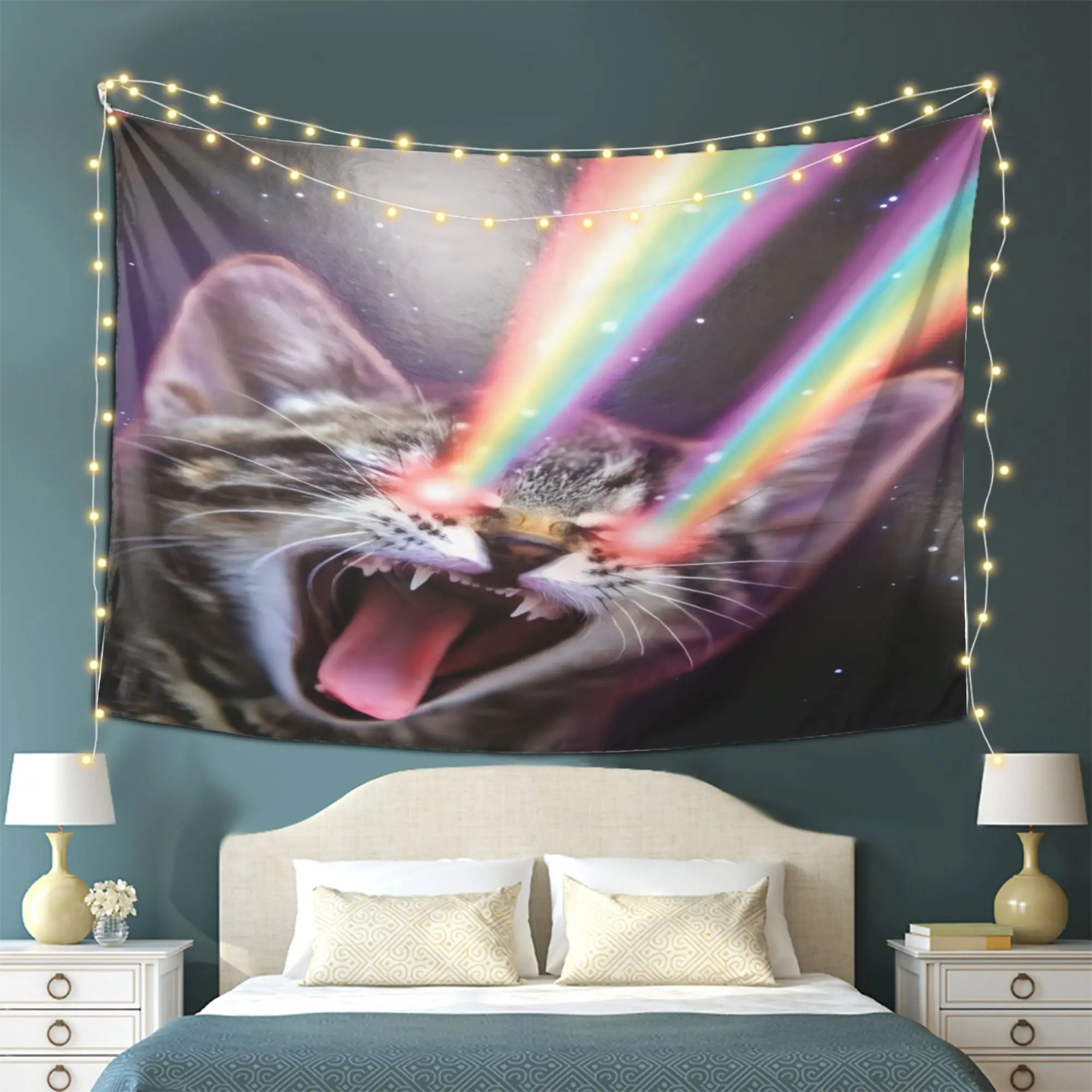 Funny Rainbow Laser Eye Cat Tapestry psychedelic Starry Sky Background Cloth Fun Dormitory Bedroom Wall Decoration Hanging