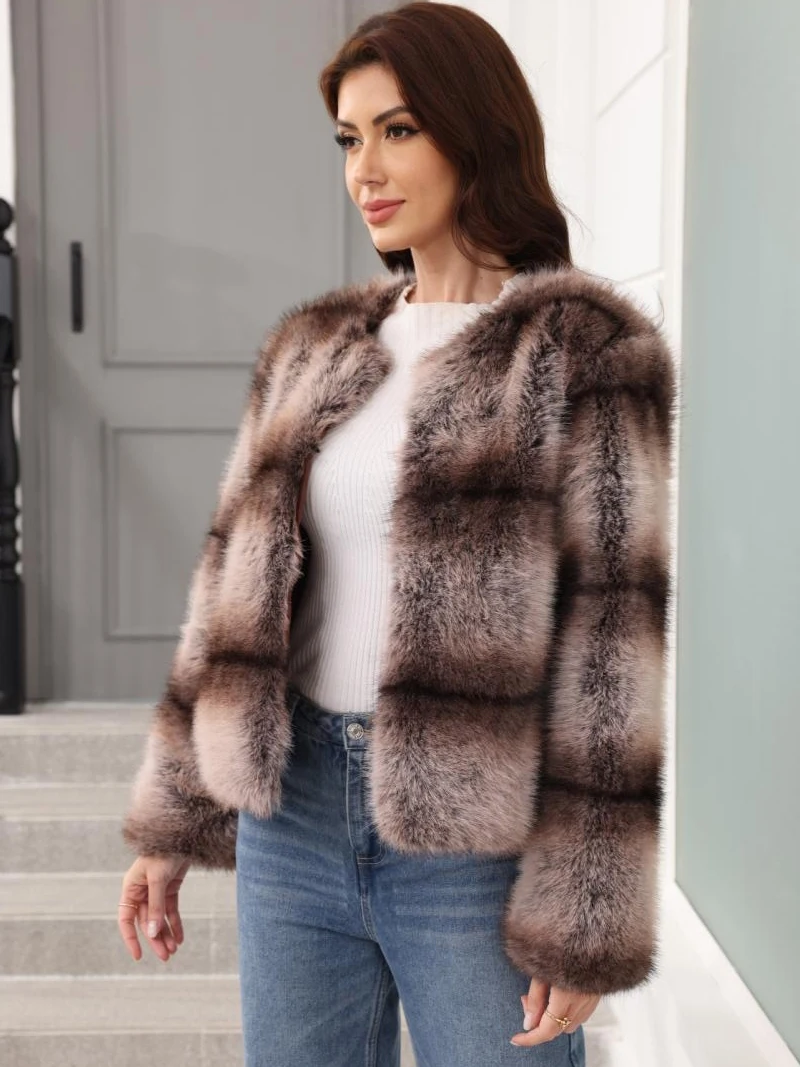 Modischer Kunstpelz-Jackenmantel für Damen, Herbst-Winter, Farbverlauf, gestreifter Pelzmantel, neu in Oberbekleidung, Rundhalsausschnitt, kurze Plüschjacke