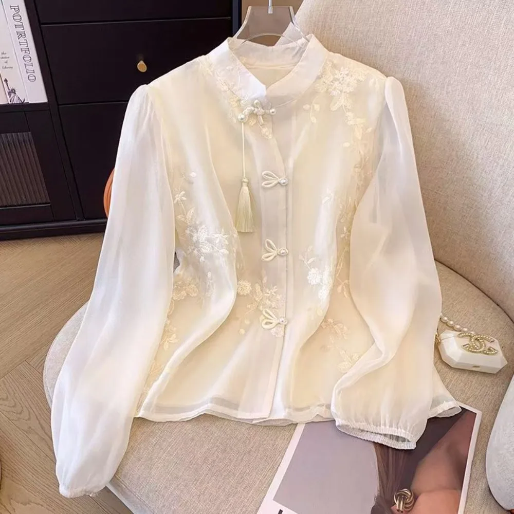 Spring Summer Chinese Style Vintage Embroidery Lace Elegant Fashion Shirt Lady Long Sleeve Stand Collar Tassel Beige Blouse Top