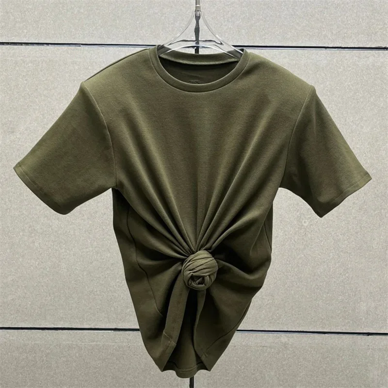 Dames T-shirt 2025, zomer nieuwe schouder gewatteerde slim fit korte mouwen top puur katoen ronde hals trui y2k Crop top korset