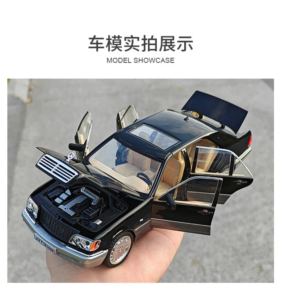 1:24 W140 320SEL clásico limusina aleación Diecast modelo coche sonido y luz colección pasatiempos decoraciones presente