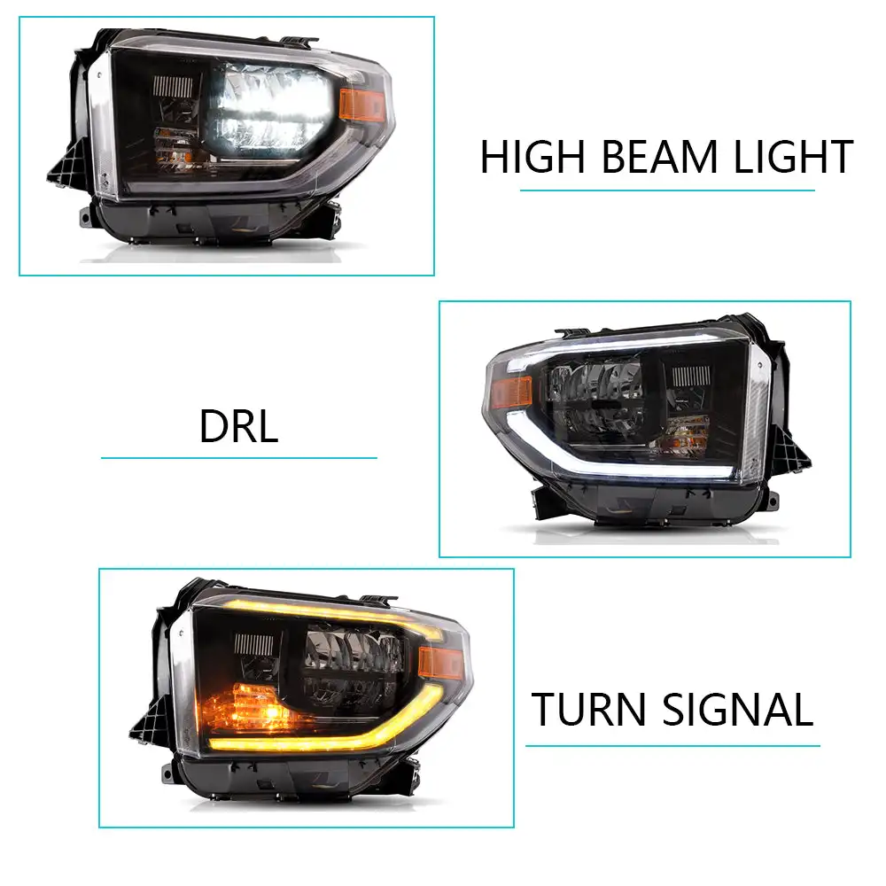 2 Stück 2014-2021 LED-Scheinwerfer-Set für Toyota Tundra Pickup Truck 2014-2021, Chrom-DRL, dynamischer sequenzieller gelber Blinker, Voll-LED-Scheinwerfer, Fern- und Abblendlicht, direkter Austausch,