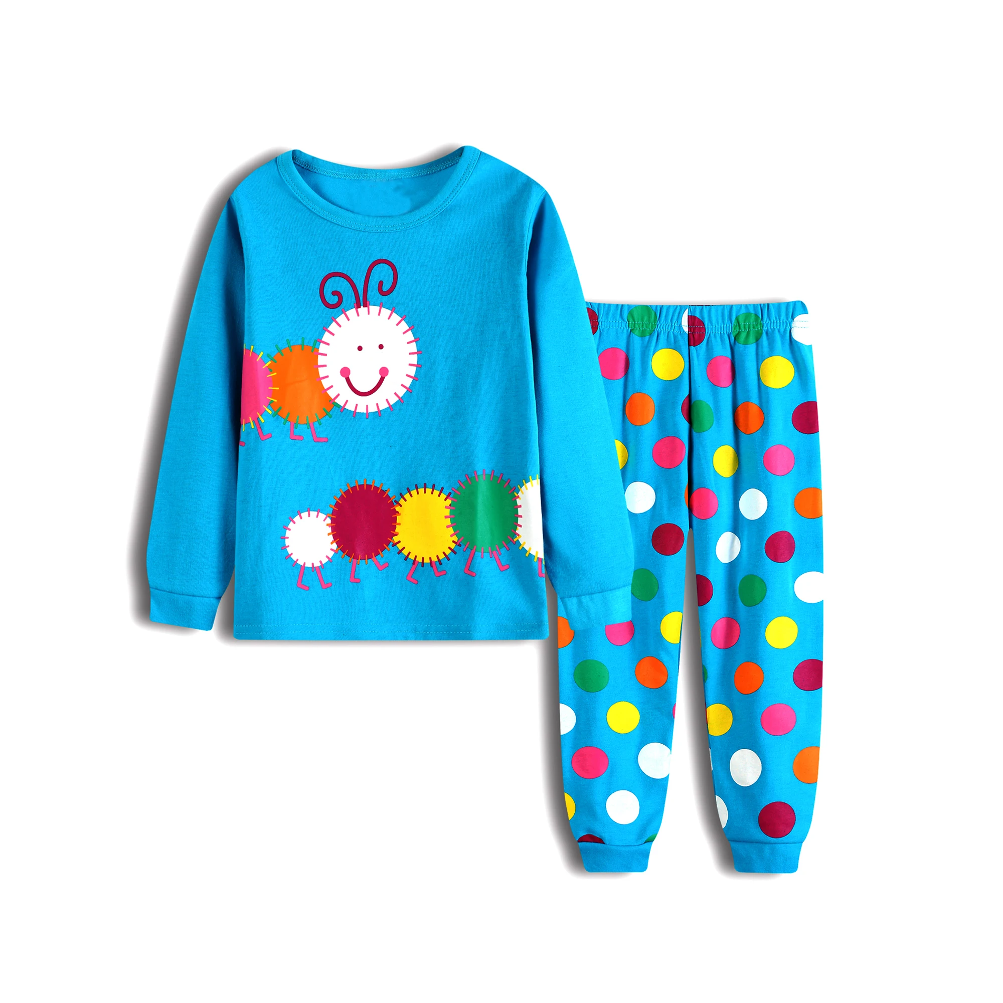 New Spring and Autumn Children's Homewear Set Caterpillar Colorful Long sleeved Pants Set Boys and Girls Pajamas and Nightwear