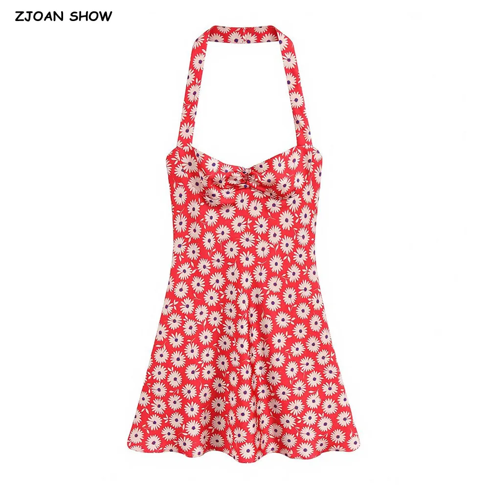 

Sexy Red Daisey Floral Print Front Ruched Chest Halter V Collar Mini Dress Women Zip Up Back Backless A-line Short Dresses Robe