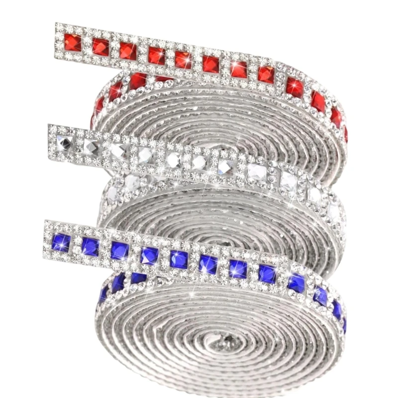 92MF Crystal Ribbon 3 Roll Pack, Red Blue and White Adhesive Patriotics Rhinestones Ribbon for Invitation Embellishment, Box,