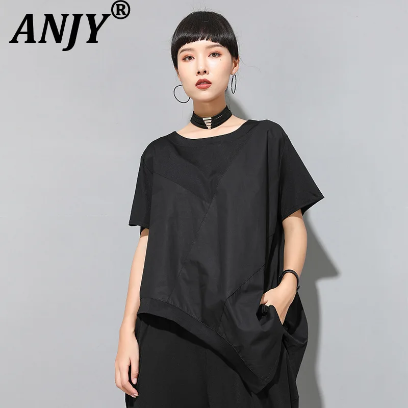 ANJY Summer New Women Dark Style Asymmetric Patchwork Slim Short Sleeve T-shirt Trendy Fashion Loose Pullover Casual Tops A21494