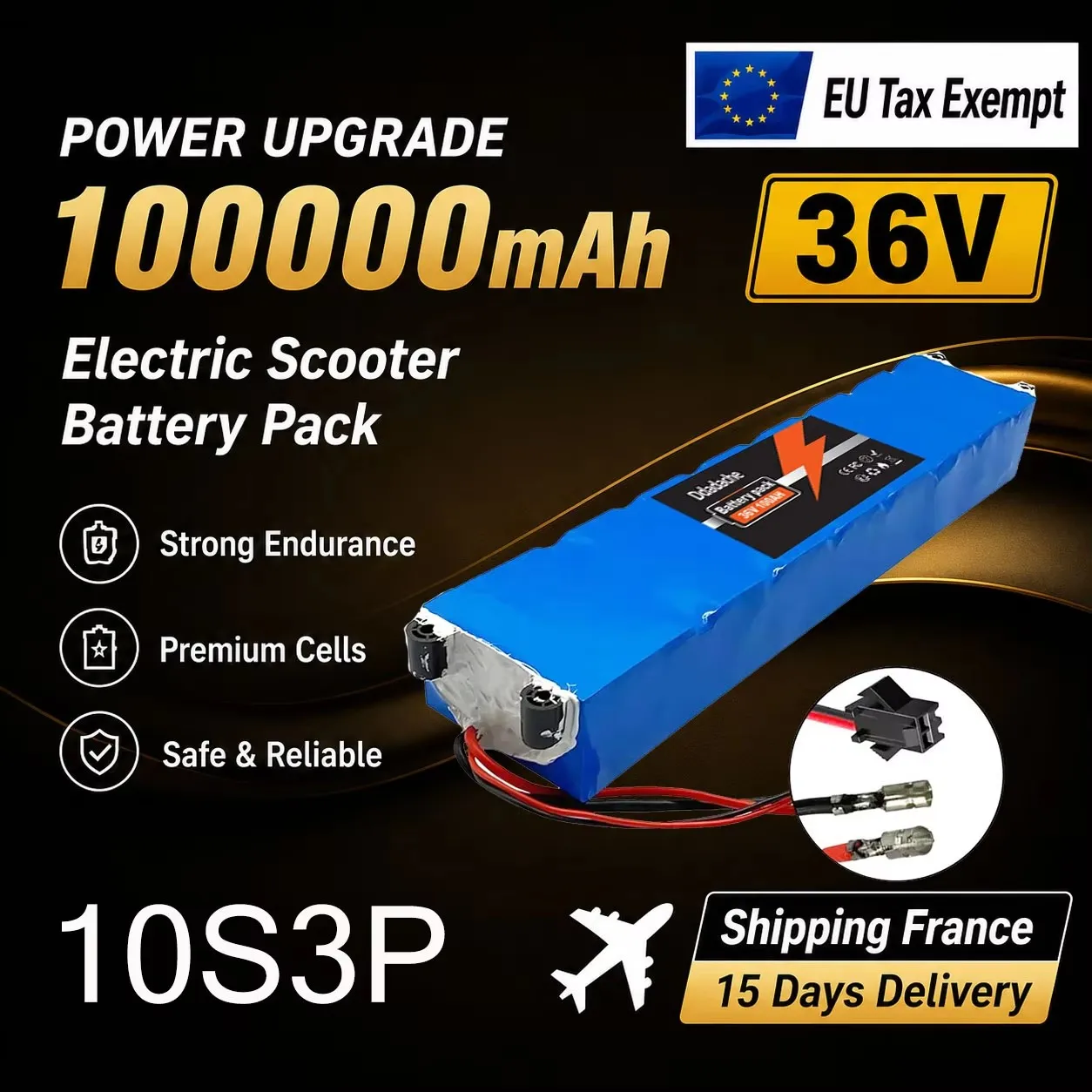 Batterie lithium rechargeable de grande capacité, 100000 mAh, configuration 10S3P, 36 V, idéale pour remplacer les batteries des trottinettes électriques urbaines, dotée d’un système de gestion de batterie intelligent (BMS) et d’un moteur haute puissance.