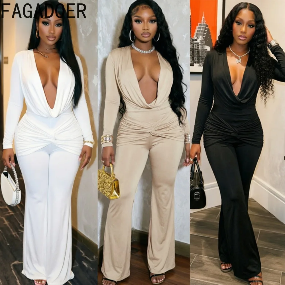 FAGADOER Elegant Women Cowl Neck Jumpsuit Long Sleeve Plunging V Neck Ruched Waist Wide Leg Pants Chic Evening Party Outfit New
