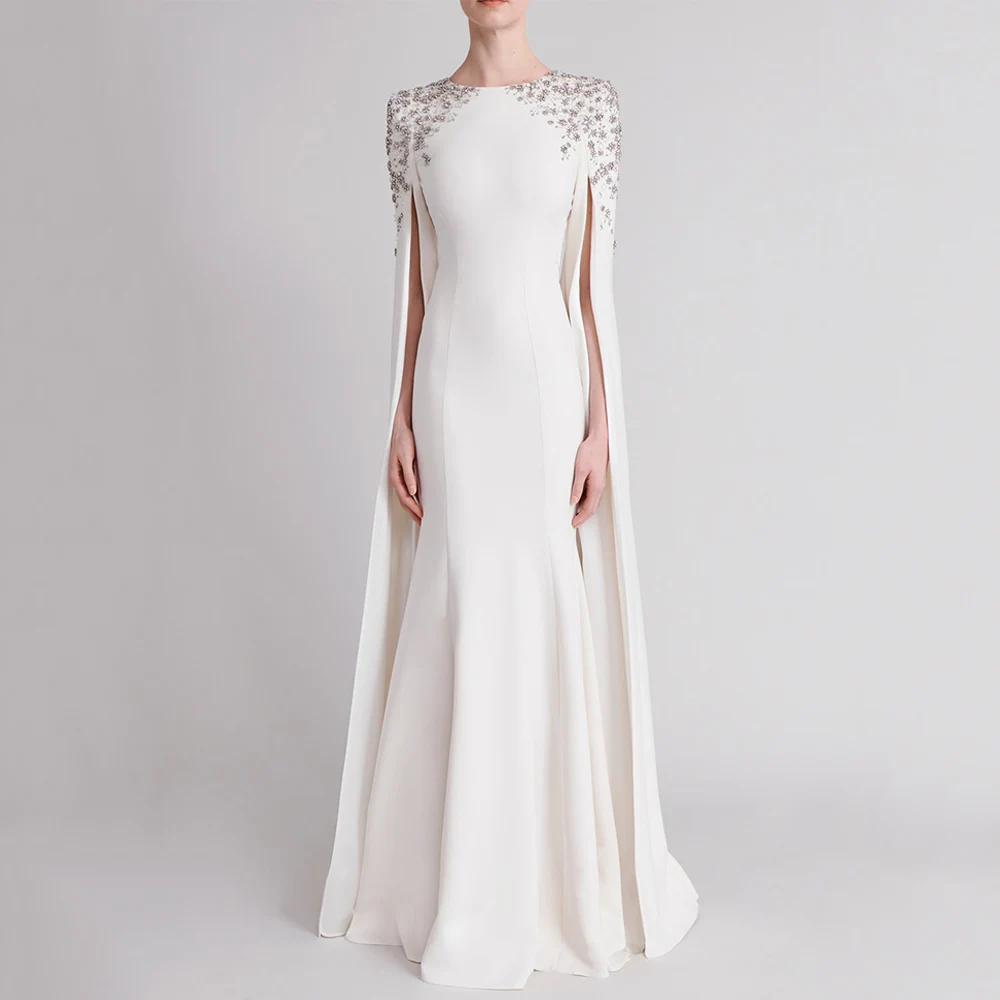 Jewel Neck Mermaid Prom Dress Ivory Party Gown Long Sleeve Cape Luxury Beading Rhinestone Sweep Train Open Back Evening Dresses