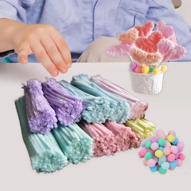 Colored Pipe Cleaners 200X Fuzzy Sticks With 20X Hair Balls Twisting Stick Handmade Projects Decorations For Kids And Adults