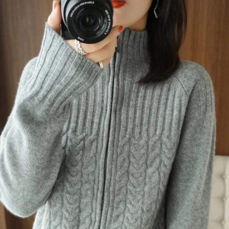 Autumn Winter New Turtleneck 100% Wool Cardigan Sweater Women Long Sleeve Tops Zipper Solid Loose Casual Warm Female Knit Sweter