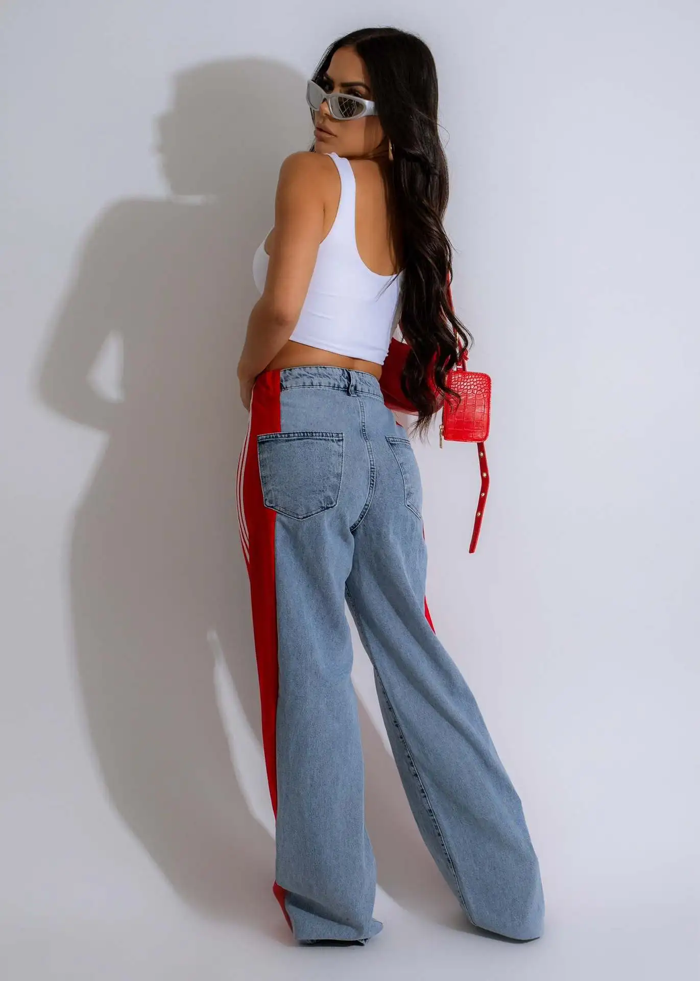 Fashion Patchwork Three Stripesd Wide Leg Denim Pants Women's Clothing New Casual High Waist Elastic Straight Pants