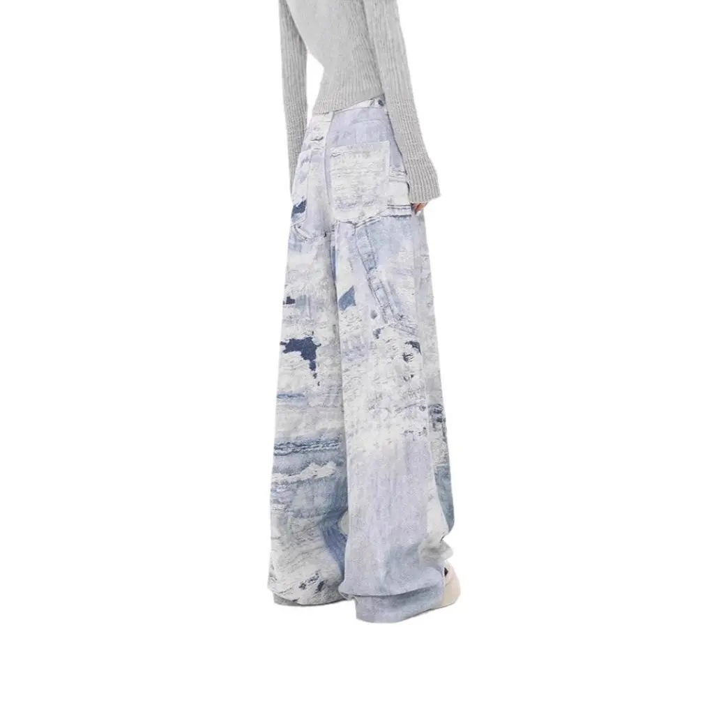 KEN STUDIO damesjeans met hoge taille, slanke wijde pijpen, tie-dye ontwerp, high street style herfst-wintercollectie
