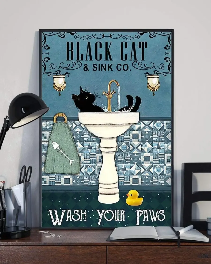 

Black Cat Wash Your Paw Funny Cat Lover Gift Retro Vintage Bathroom Decor Poster Wall Art Decor Metal Sign Poster