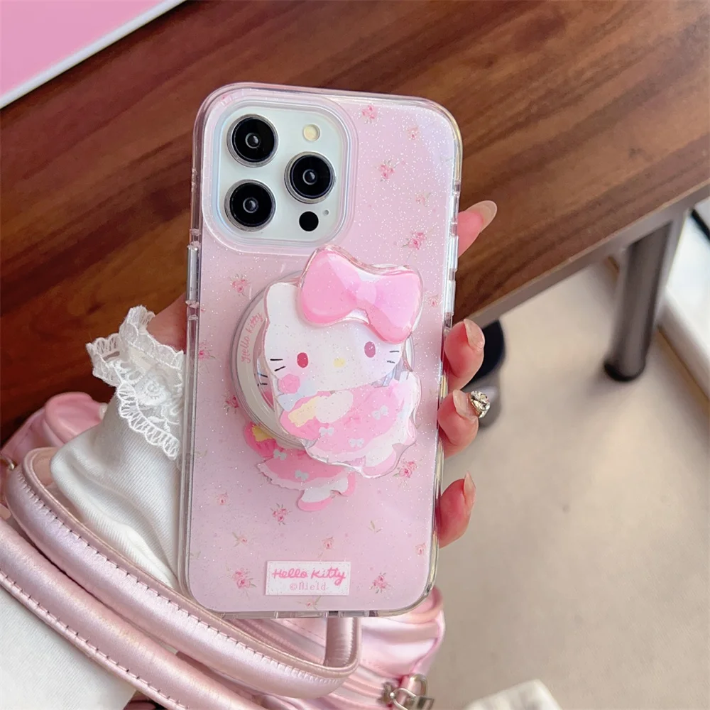 

Kawaii Pink Hello Kitty Bow Magnetic Bracket Magsafe Wireless Charge Phone Case For iPhone 16 15 14 Plus 13 Pro Max Cover