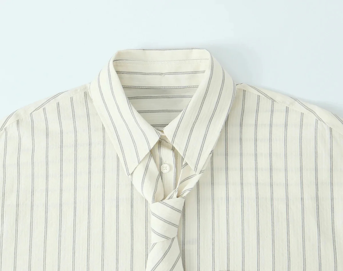 KONDALA Damska Luźna Koszula w Paski z Kołnierzykiem, Wiązana, Zapinana na Guziki, Moda Wiosna-Jesień 2025, Uniwersalna Koszula Damska do Pracy