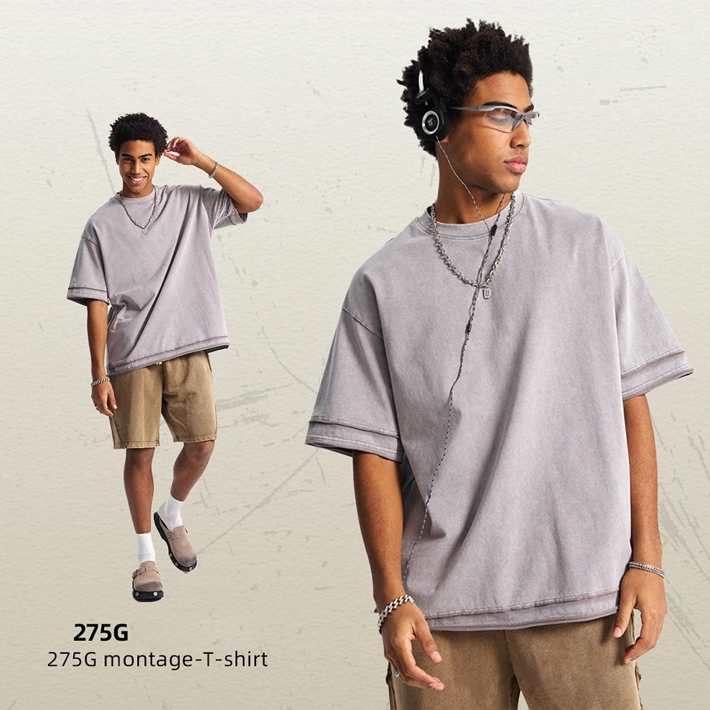 LME 커스텀 4컬러 루즈 엣지 스플라이싱 빈티지 바틱 애시드 워시드 오버사이즈 275GSM 100% 코튼 스트리트웨어 티셔츠 (M 사이즈)