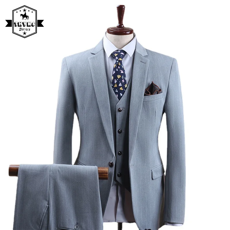 

S-7XL Stripe Business Casual 3Pcs Mens Luxury Wedding Gentleman Formal Slim Fitting Suit Male Classic Simple Light Grey Blazers