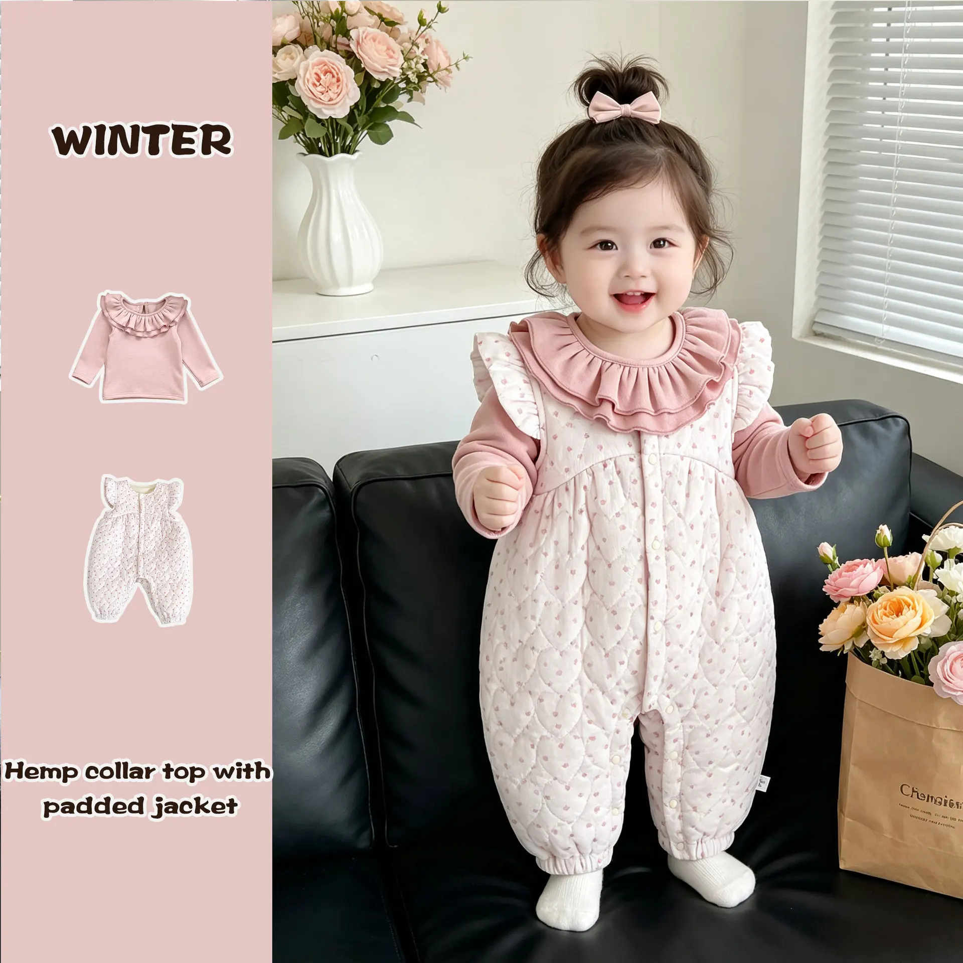 conjunto-de-2-piezas-de-forro-polar-para-bebes-ninas-novedad-de-invierno-2026--mono-con-mangas-abullonadas-top-con-cuello-de-encaje--conjunto-elegante-y-calido