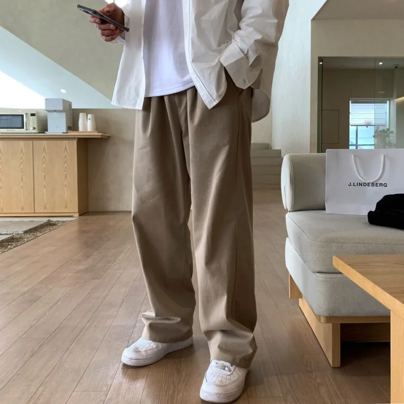 KIDWHXR Men Straight-leg Pants Korean Pleated Drawstring Pocket Male Trousers Retro Loose Mid Waist Man Sport Casual Pants