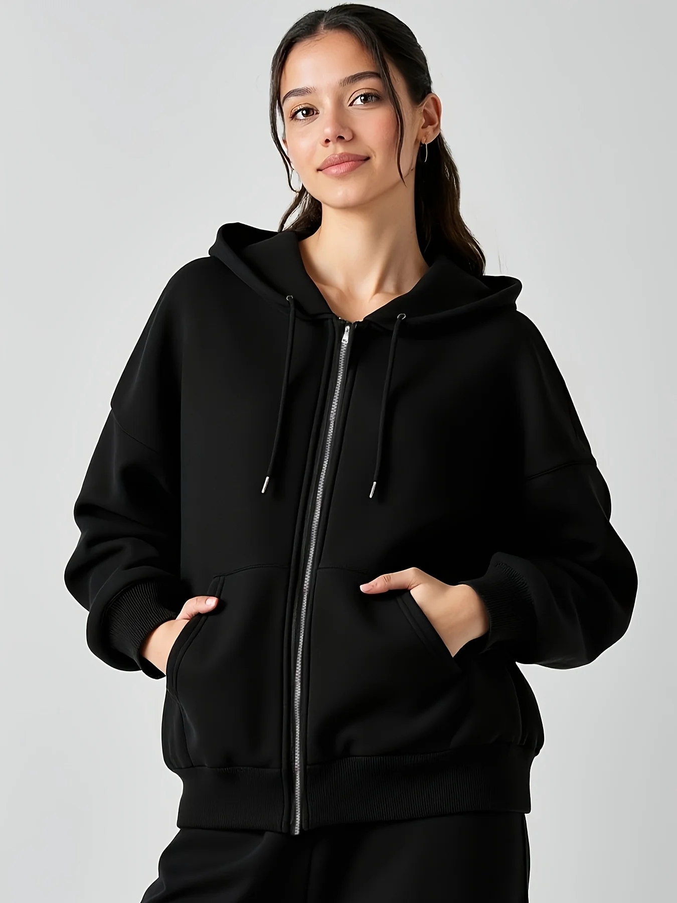 

Женская повседневная куртка на молнии, толстовка с капюшоном, осенне-зимняя модная толстовка с капюшоном и длинными рукавами на шнурке