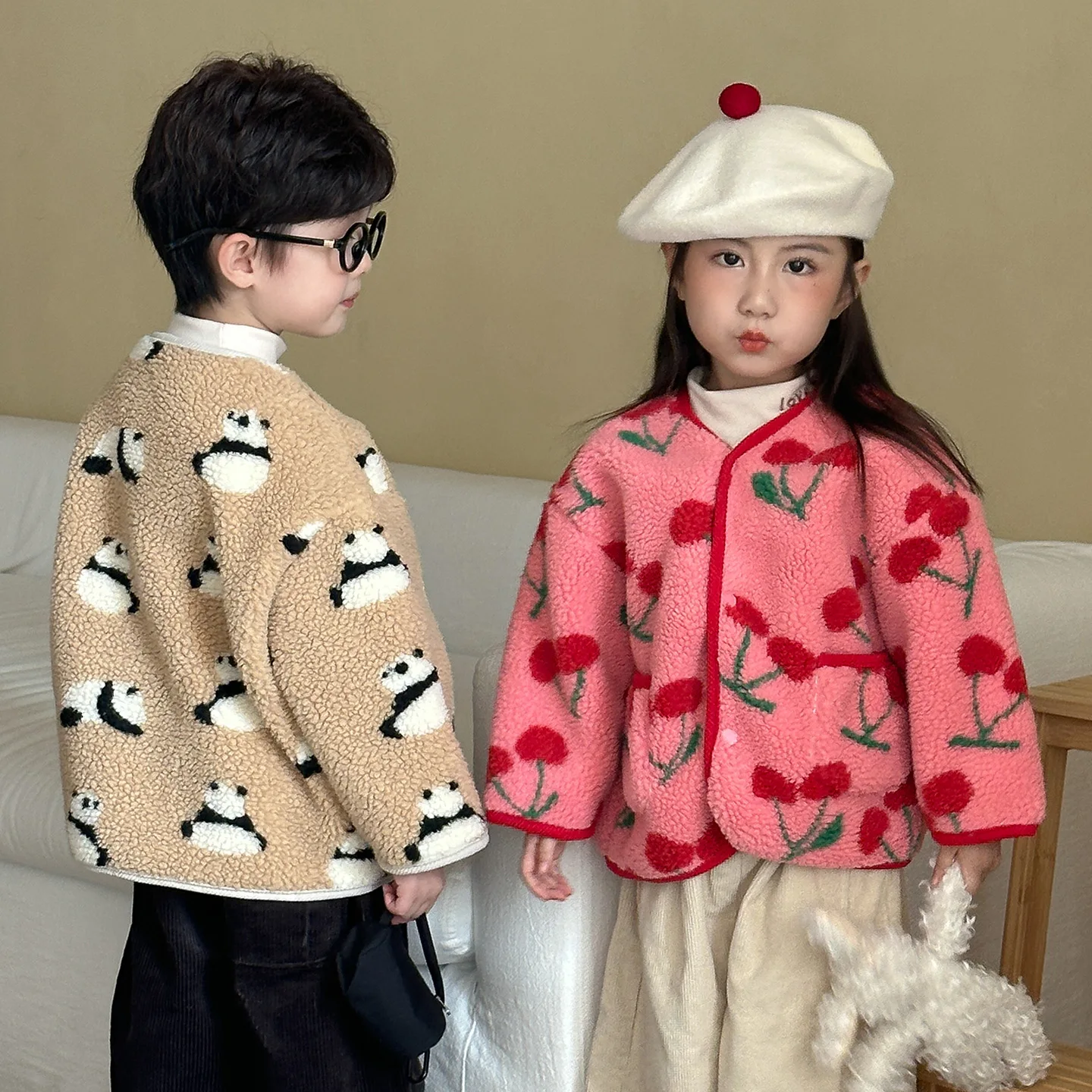 Winter Children Coat Children's Lambswool Patterned Flower Coat Baby shirt Boys and Girls Plus Velvet Thick Clothes