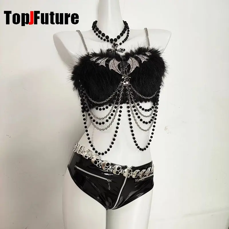 Y2K girl Punk Spicy girl rock dark Gothic waist cinching Sexy Fluffy PU Millennium performance party role-playing shorts suit