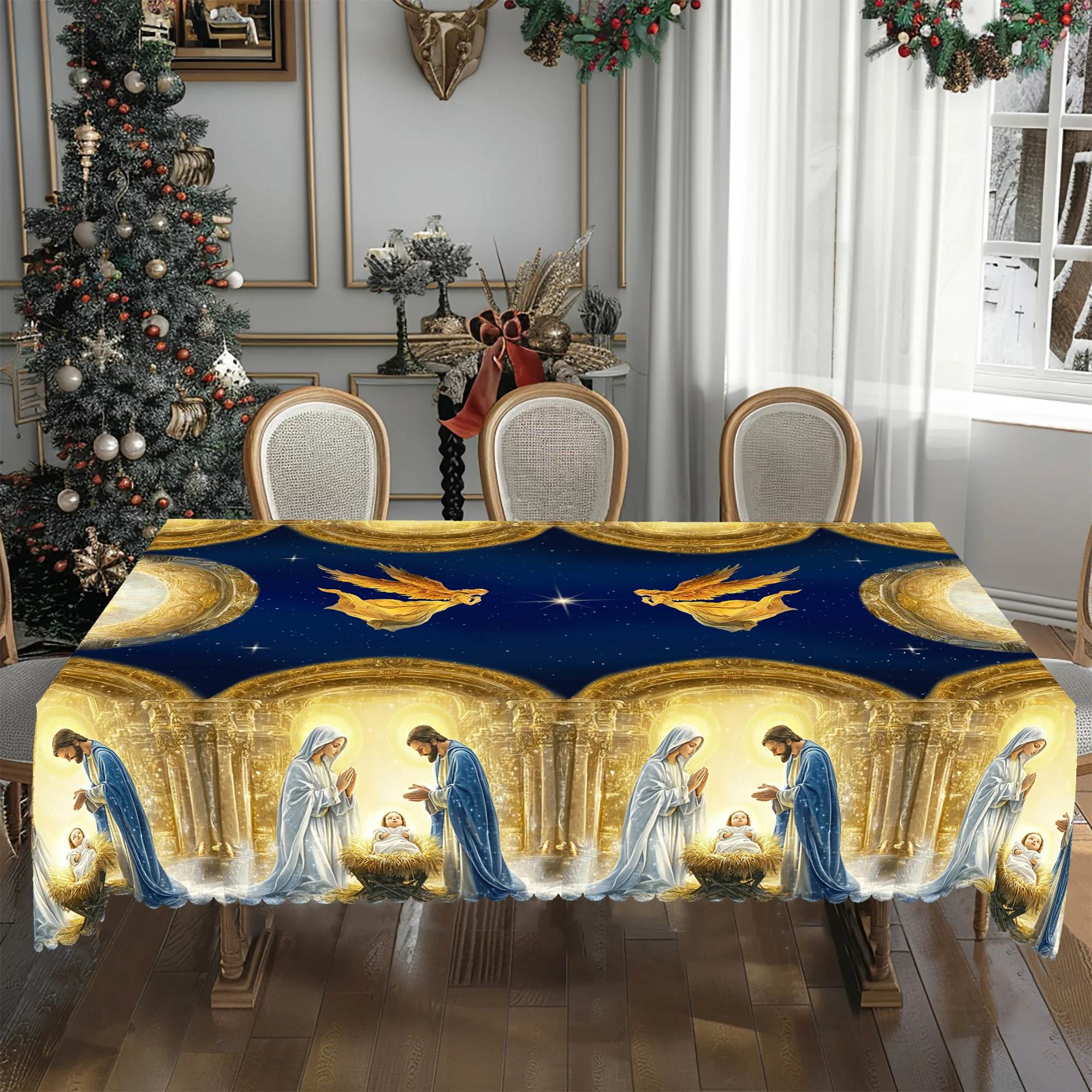 1 Piece Christmas Round and Rectangular Tablecloth, Various Sizes, Exquisite Bible and Birth Plaid Print Pattern Design Blue and Gold Tablecloth for Daily Home Kitchen, Terrace Use, Gifts