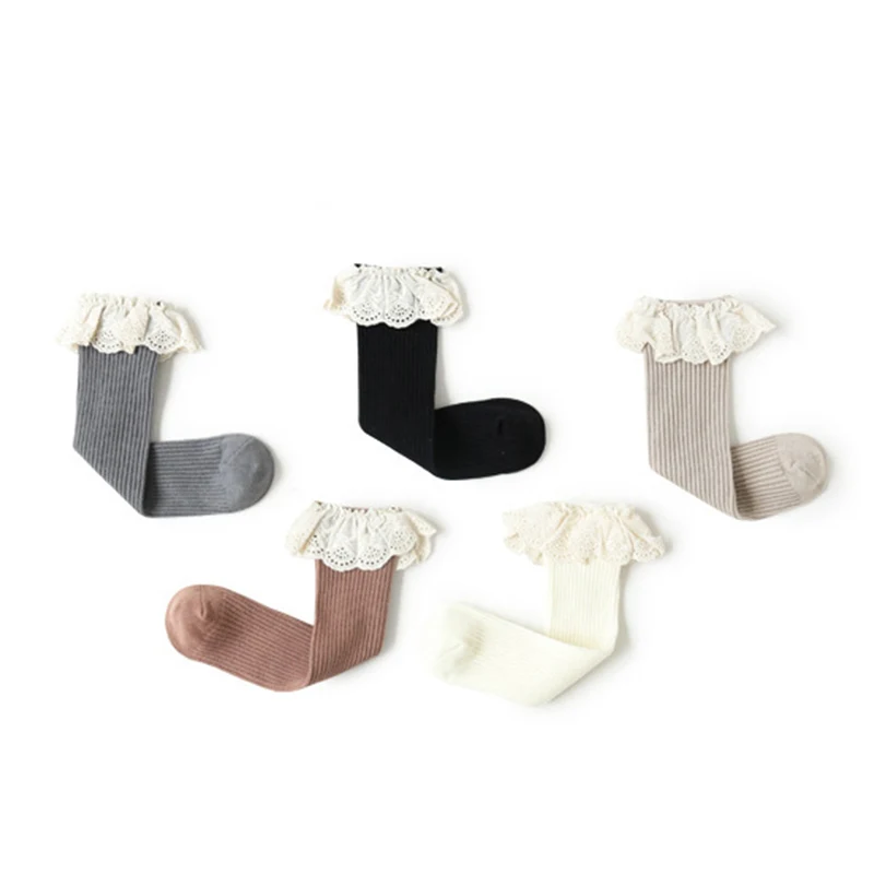 

2023 Spring And Autumn New Baby Girl Middle Tube Cotton Socks Cute Korean Popular Lace Non-Slip Stockings For Young Children