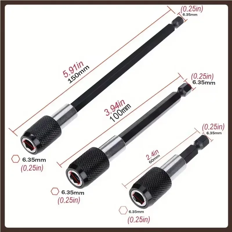 3PCS 60/100/150mm Extension Rod 1/4 Inch Quick Hex Shank Release Magnetic Electric Screwdriver Extension Bit Holder