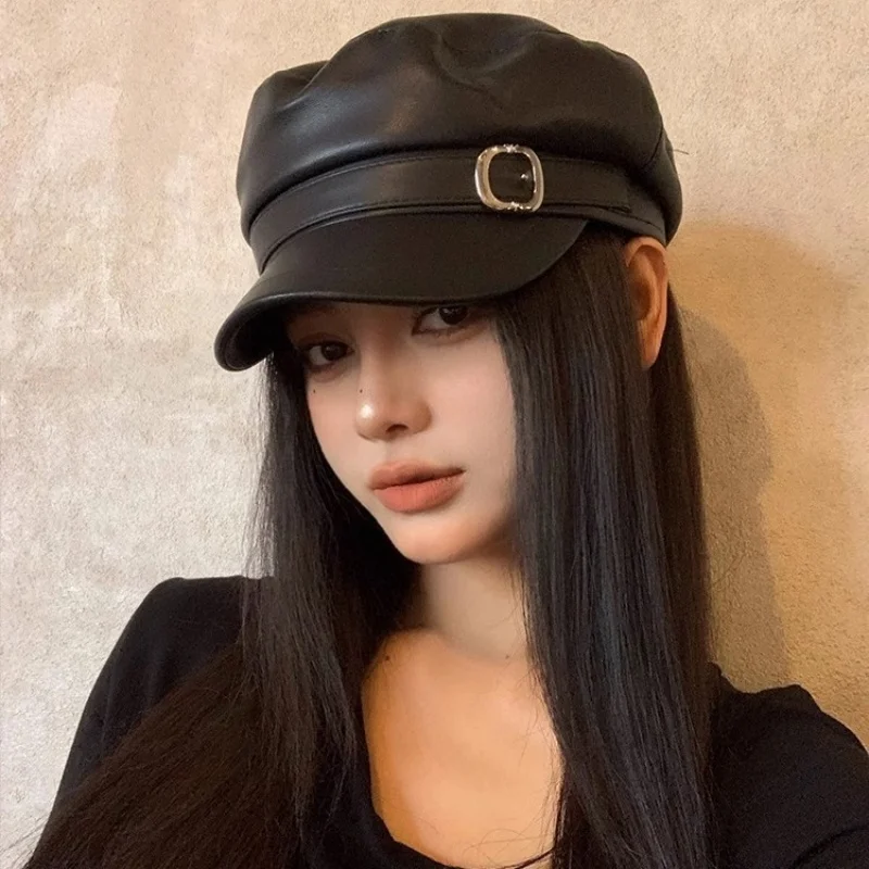

Women's PU Leather Beret Hat Vintage England Flat Top Newsboy Caps Outdoor Casual berets Black Color Artist Fashion Painter Hat