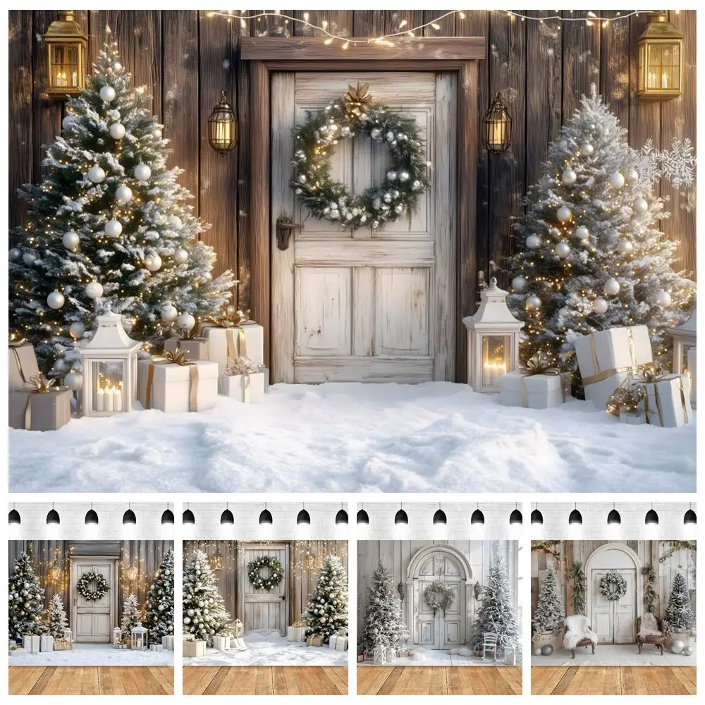 White Christmas Backdrop Interior Room Scene Wood Wall Door Xmas Tree Baby Shower Family Party Photography Background Decor Prop