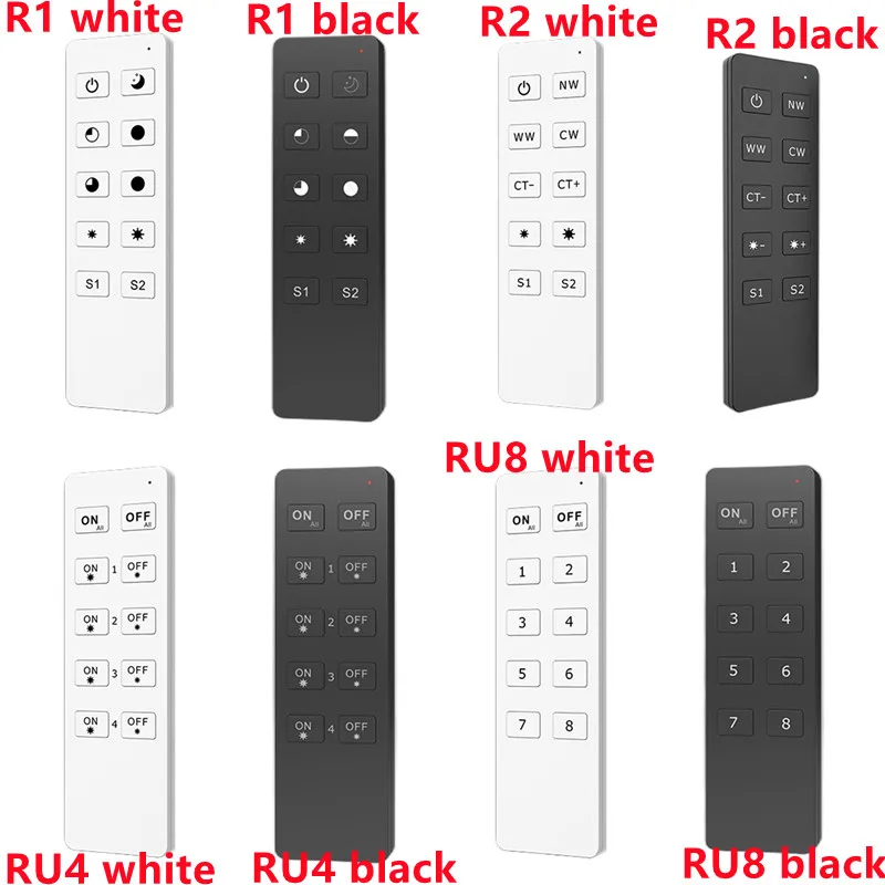 R1 R2 RU4 RU8 RGB+CCT RF LED controller Apply to single color, dual color, RGB, RGBW Each remote can match one or more receiver