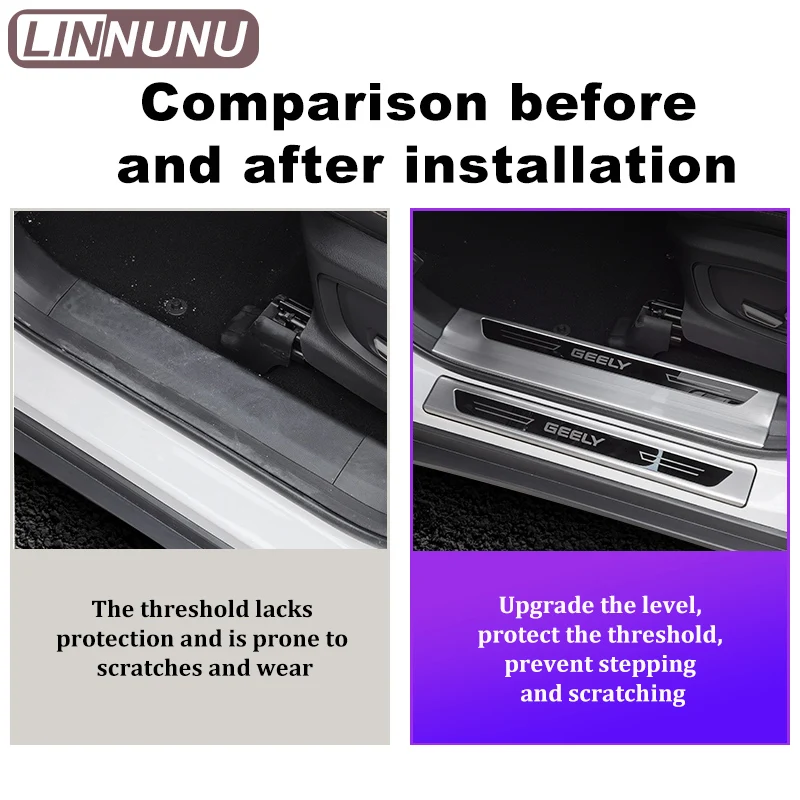 LINNUNU Car Door Sill Trim Stickers Exterior Threshold Plate Scuff Cover Protector Auto Accessories For Geely Okavango Haoyue L