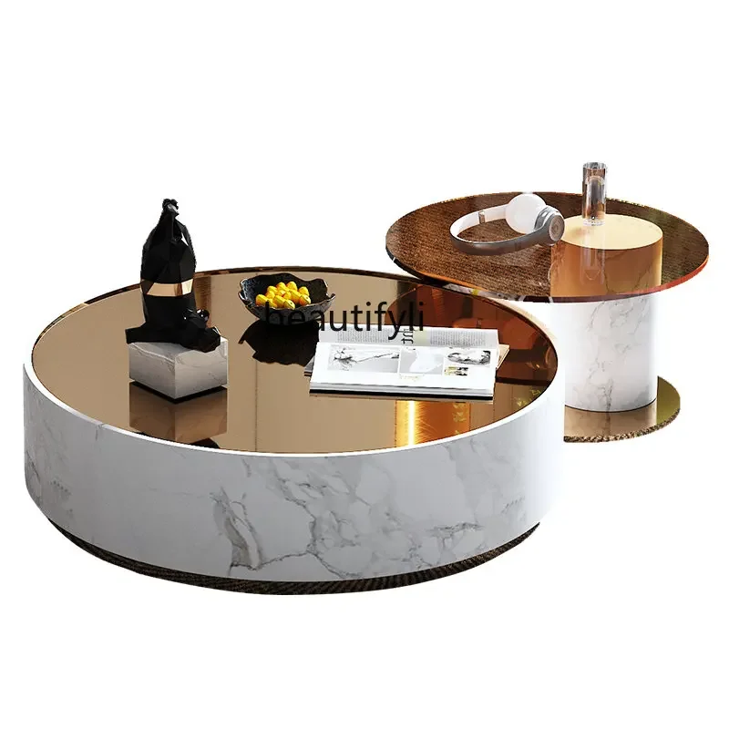 

Light Luxury Coffee Table Small Apartment Living Room Marble round Italian Minimalist High and Low Coffee TableA