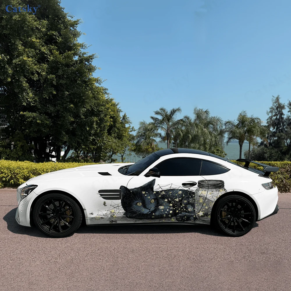 2pcs.Cool Retro Warm & Cute Kitten with Spider Web Car Wrap Sticker.Automotive Sticker.car vinyl wraps
