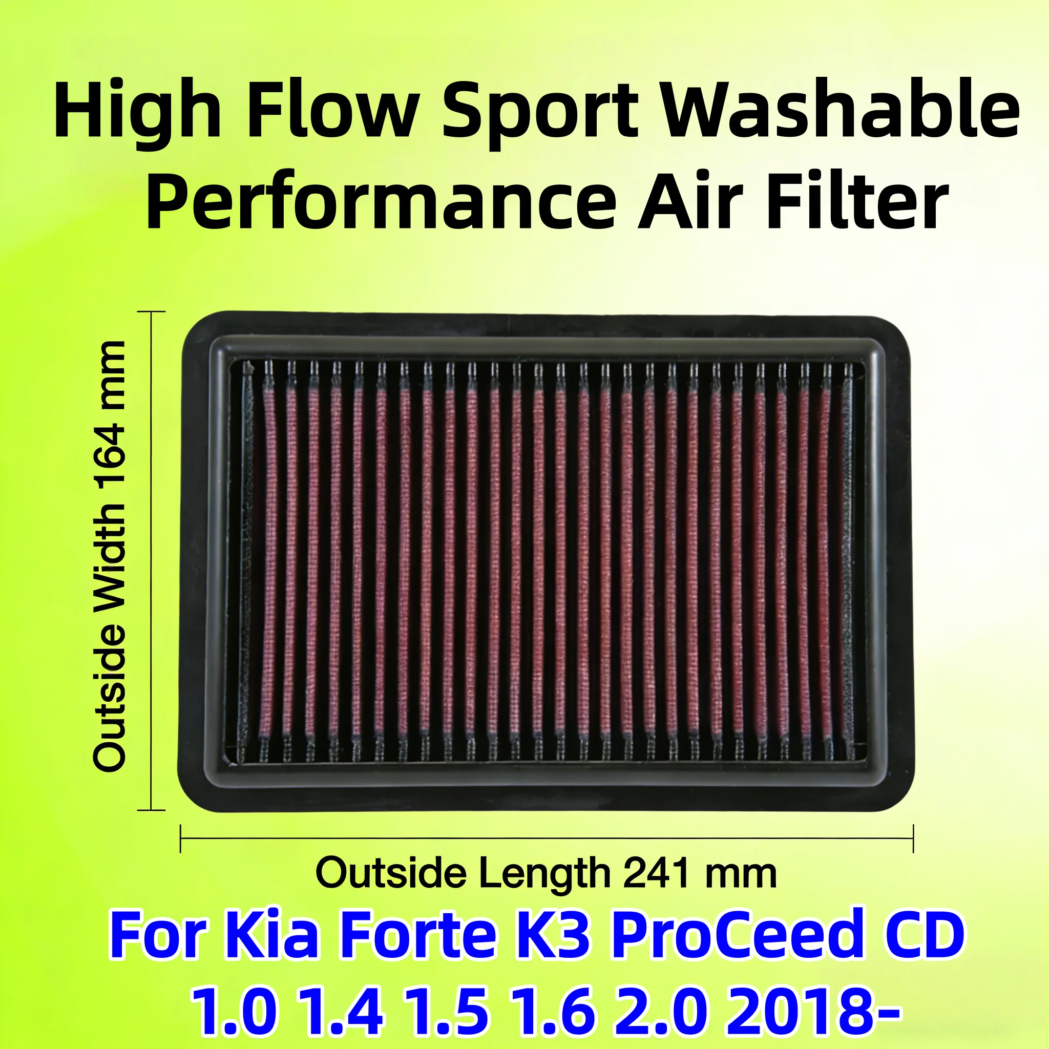 For Kia Forte K3 ProCeed CD 1.0 1.4 1.5 1.6 2.0 2018- High Flow Sport Washable Performance Panel Air Filter Intake Replacement