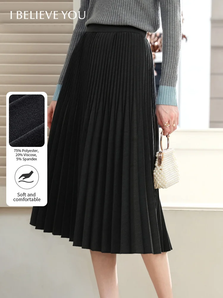 I BELIEVE YOU Women's Pleated Skirt 2025 Autumn Elegant Grey Elastic High-Waist A-Line Skirt Casual Midi Skirts 2253026161