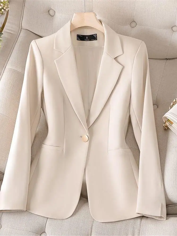 Beige Women's Suit Jacket Casual Professional Personality Spring Autumn New Style Long Sleeve One Button Closure Ladies Coat
