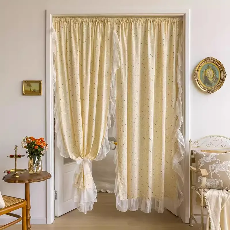 

Light Yellow Daisy French Vintage Ruffle Lace Flower Semi Blackout Curtains Cotton Linen Window Door Cabinet Drapes for Bedroom