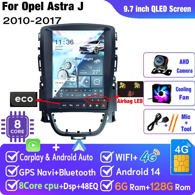 Android 14 Auto Multimedia GPS Voor Opel Astra J Vauxhall Buick Verano 2010-2017 Radio Verticaal Scherm Carplay Tesla stijl ECO