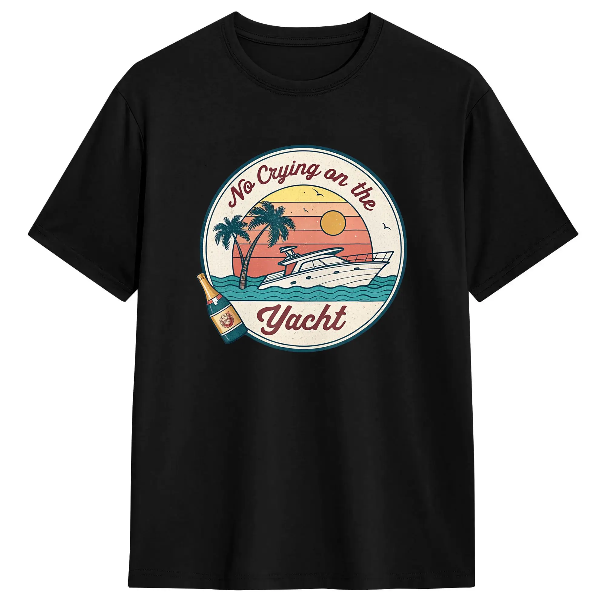 No Crying on the Yacht Sunset Champagne Scene T-Shirt Summer  Harajuku T-Shirts 100% Cotton O-Neck Plus Size Clothing