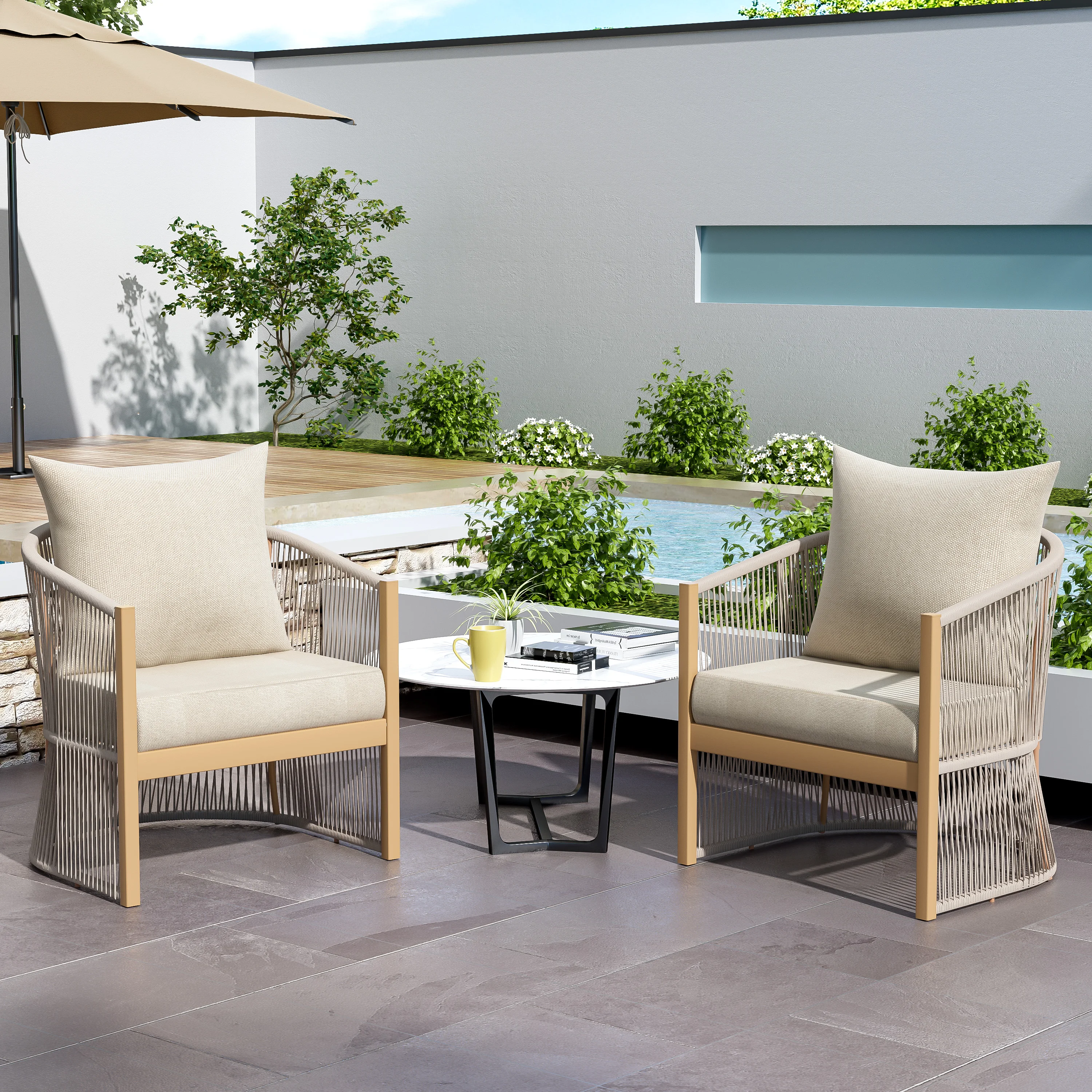 

[Set of 2] Modern Beige Curved Aluminum Patio Chair w/ Rope-Weave Design & Thick Cushions, for Poolside