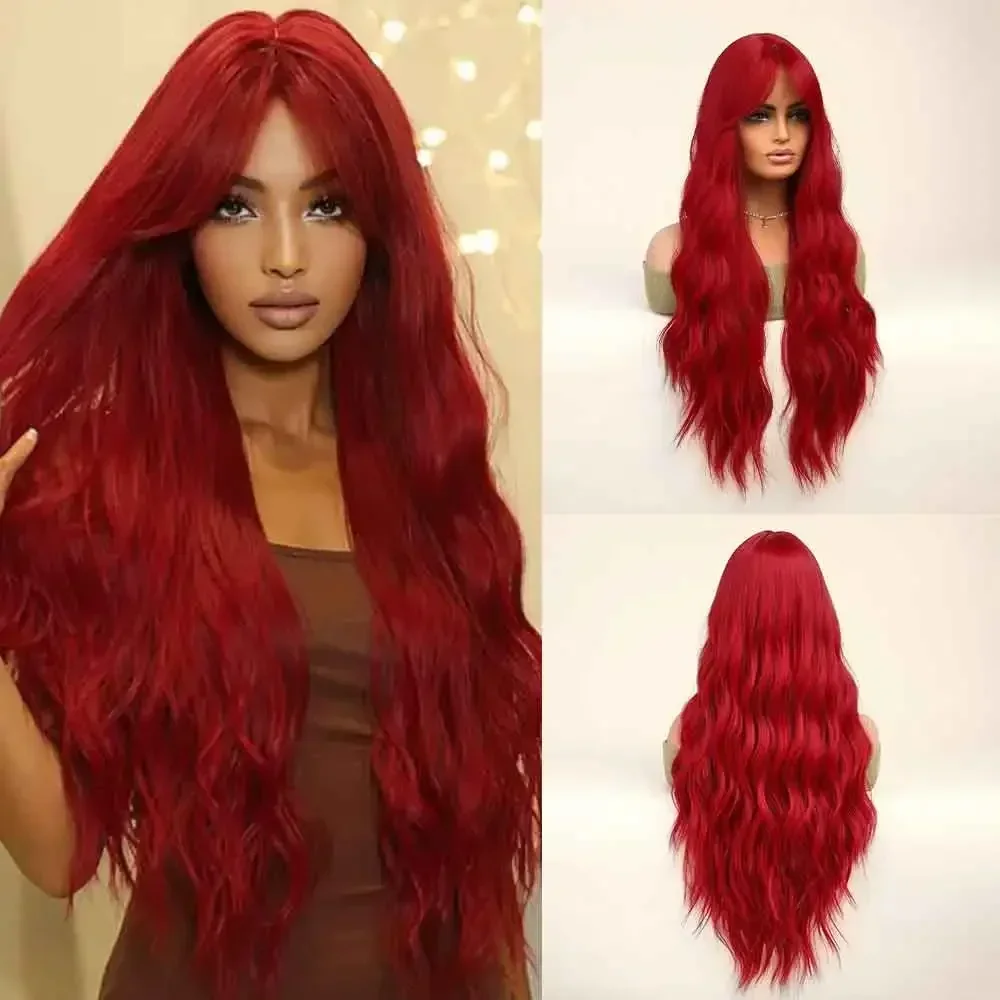 OneNonly Red Wig Long Wig with Bangs Natural Cosplay Party Wigs for Women Free Shipping Very Cheap Wave Hair