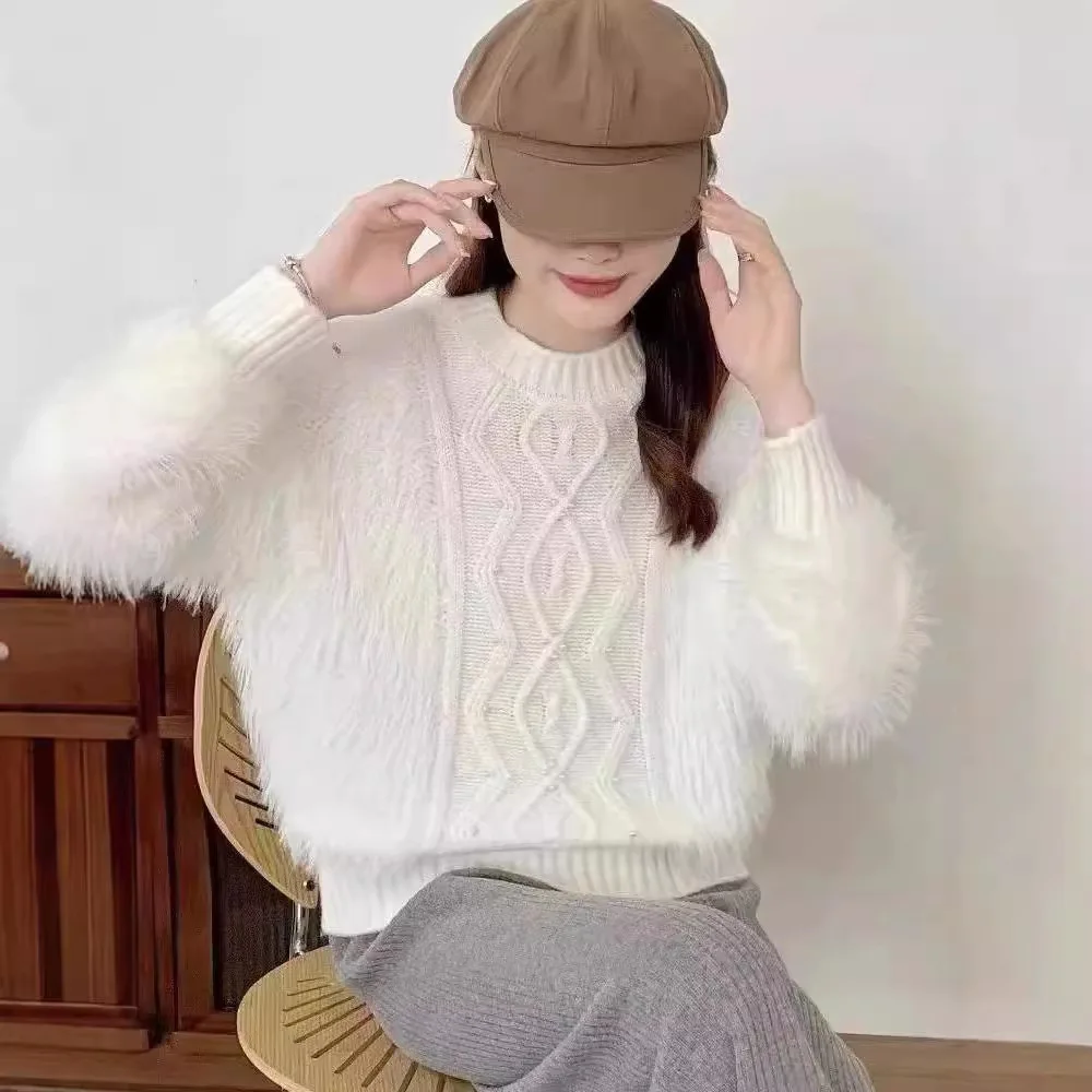 [Imitation Mink] Round Neck Pullover Soft And Sticky Knitted Nail Bead Jacquard Mink Fur Sweater, Tassel Top With Added